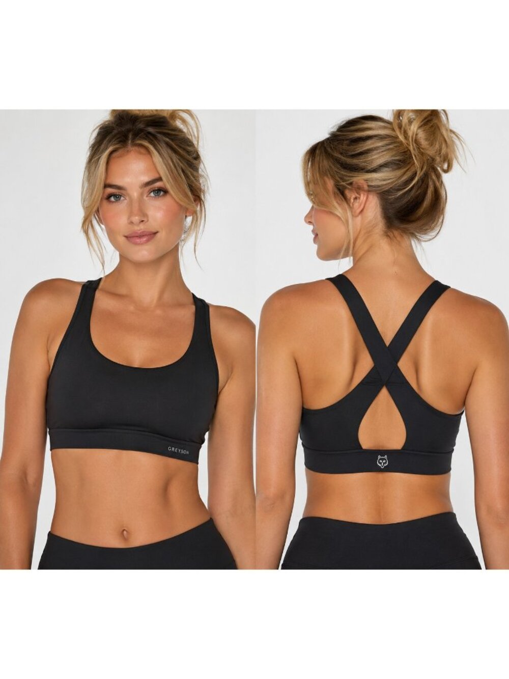 NWT Greyson Venus Shepard Black Medium Impact Sports Bra Xs Wolf Emblem